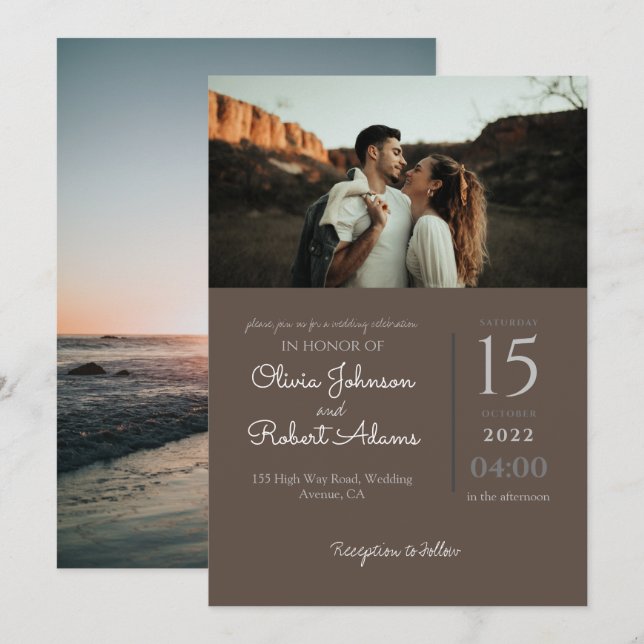 Minimalistisk bruna 2-foton Bröllop Inbjudningar (Fram/baksida)