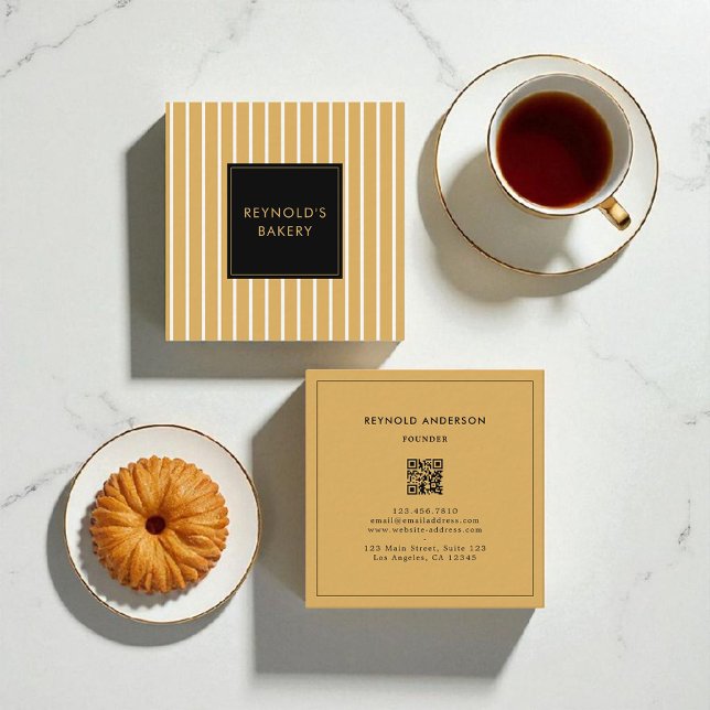 Minimalistisk brunt och vitt Rand QR-kodbakeri Fyrkantigt Visitkort (Skapare uppladdad)