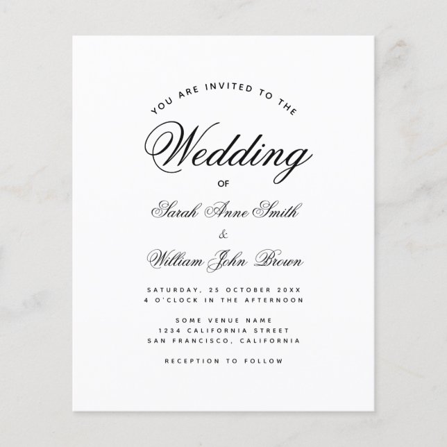 Minimalistisk budget svart-vit bröllopsinbjudan (Framsida)