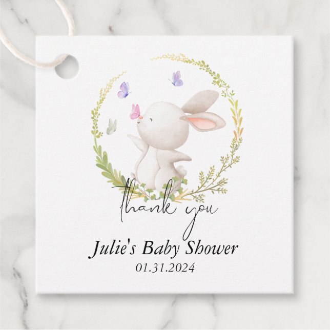Minimalistisk Bunny och Butterflies Baby Shower Gåvor Etiketter (Framsida)