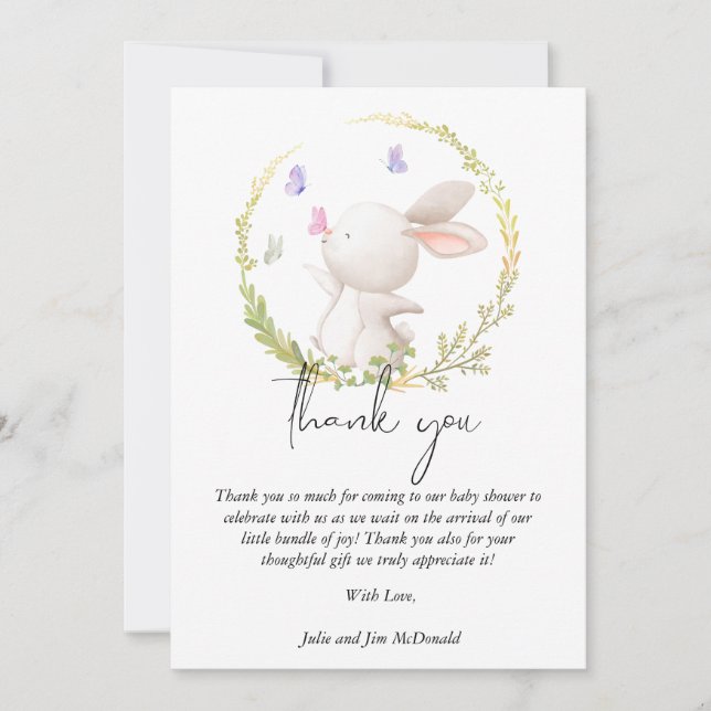 Minimalistisk Bunny och Butterflies Baby Shower Tack Kort (Framsida)