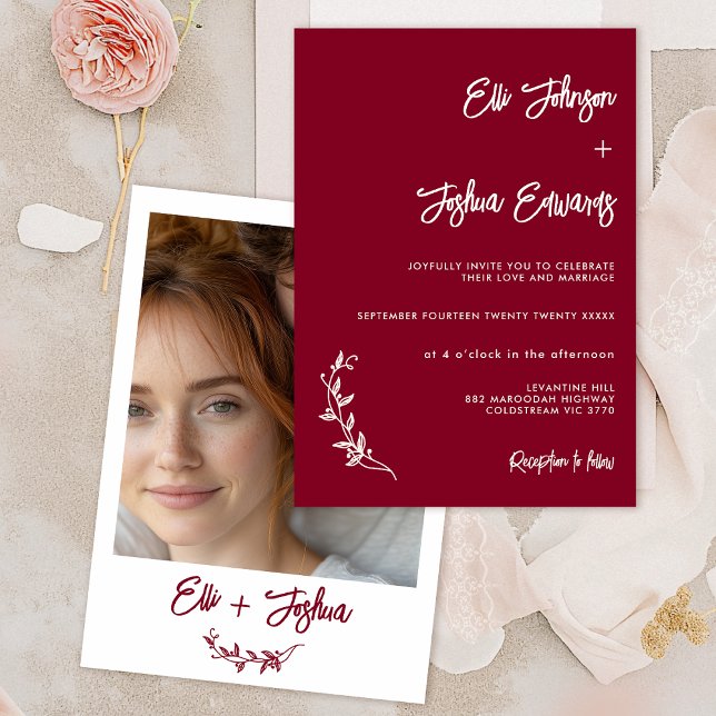Minimalistisk burgundy Foliage Motif Bröllop Inbjudningar (Minimalist Burgundy Wedding Invitation, Modern Burgundy Wedding Invitation Photo, Foliage Motif, )