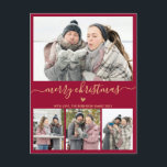 Minimalistisk Burgundy Guld 4 Photo Collage-jul Vykort<br><div class="desc">Elegant, Minimalistiskt, Modern Burgundy och Guld 4 Photo Collage God jul Script Helgdag Postcard. Den här sjutna, minimala fyra (4) fotokortsmallen innehåller en söt fotokollage, ett litet udda hjärta och säger God jul! Texten "God jul" hälsning är skriven i ett vackert guld-handsskrivet typsnitt för dekorerade typografier-svan på burgundrött eller vid...</div>