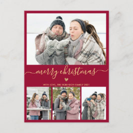 Minimalistisk Burgundy Guld 4 Photo Collage-jul Vykort