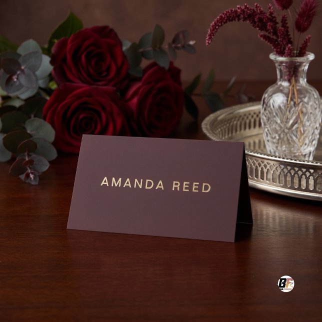 Minimalistisk Burgundy & Guld Elegant Bröllopsvikl Placeringskort (#receptiondecor)