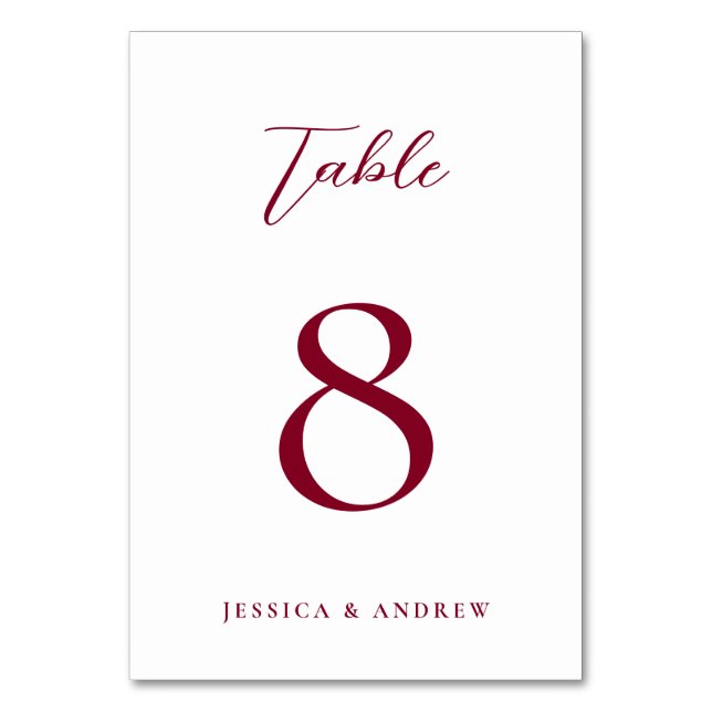 Minimalistisk Burgundy Red & White Simple Bröllop Bordsnummer (Framsidan)