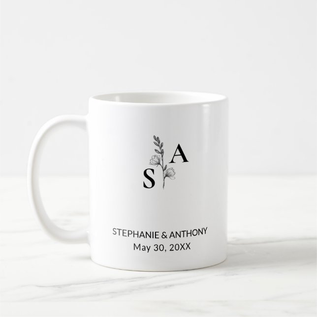 Minimalistisk BW Monogram Wildblomma Bröllop Kaffemugg (Vänster)
