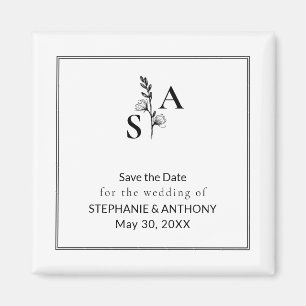 Minimalistisk BW Monogram Wildblomma Bröllop Magnet