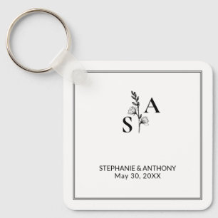 Minimalistisk BW Monogram Wildblomma Bröllop Nyckelring