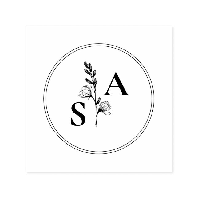 Minimalistisk BW Monogram Wildblomma Bröllop Självfärgande Stämpel (Design)