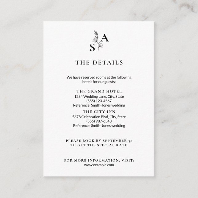 Minimalistisk BW Monogram Wildblomma Bröllop Tilläggskort (Framsida)