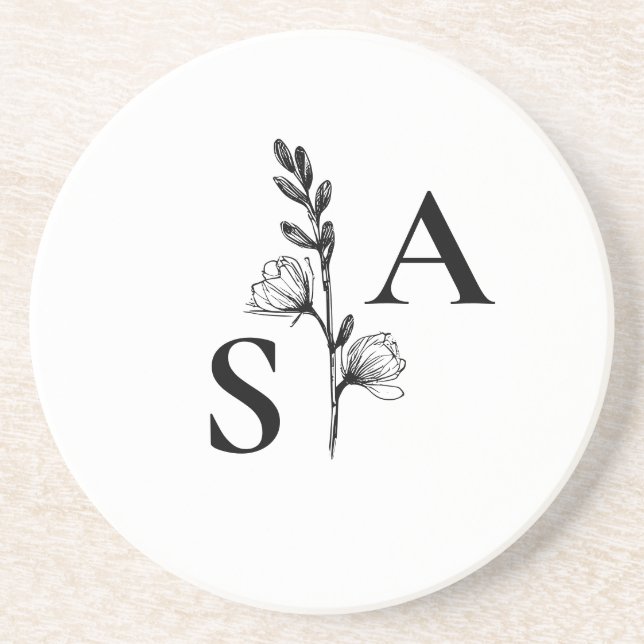 Minimalistisk BW Monogram Wildblomma Bröllop Underlägg (Framsidan)