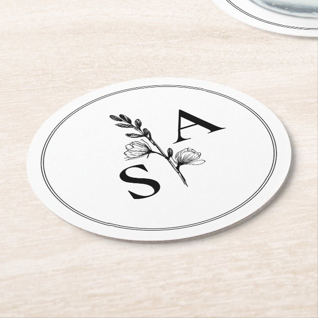 Minimalistisk BW Monogram Wildblomma Bröllop Underlägg Papper Rund (Vinklad)