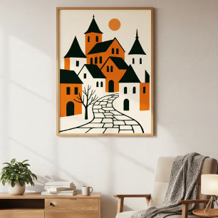 Minimalistisk by med kullstensgata och sol poster