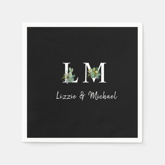 Minimalistisk Cactus Monogram Namn Black Cocktail Pappersservett (Framsidan)