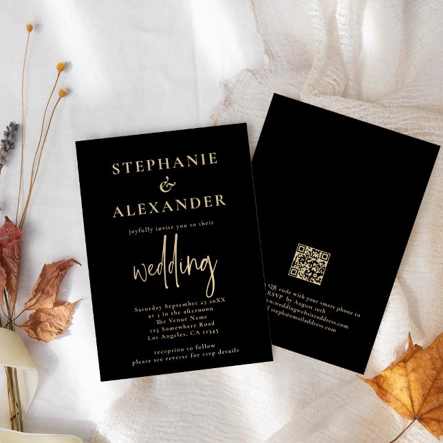 Minimalistisk Champagne Guld Black QR-kod Bröllop Inbjudningar (Skapare uppladdad)