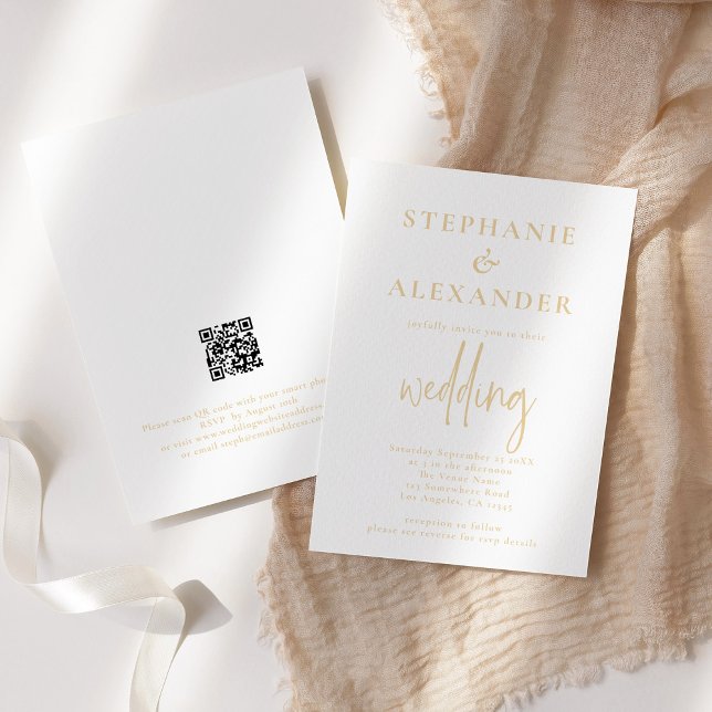 Minimalistisk Champagne Guld QR-kod Bröllop Inbjudningar (Skapare uppladdad)
