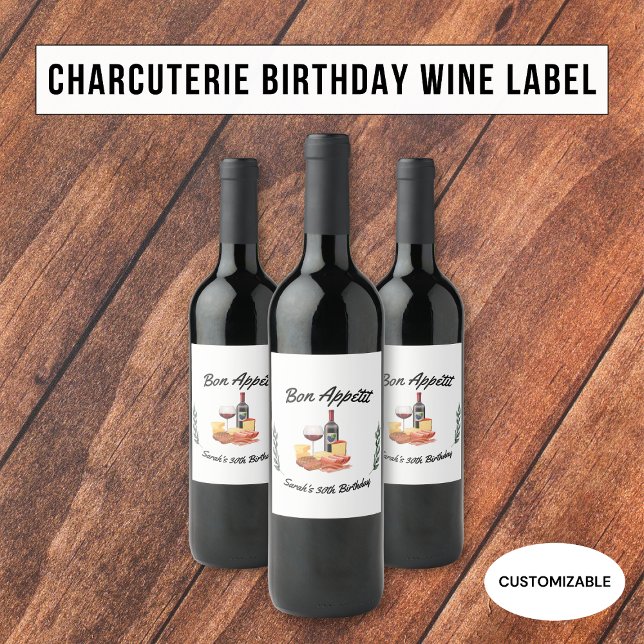 Minimalistisk charkuterie och Vin Picnic Birthday Vinflaska Etikett (Skapare uppladdad)