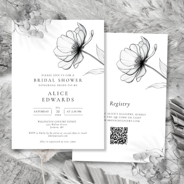 Minimalistisk chic blomster QR-kod bröllopsfest Inbjudningar (Minimalist Chic Floral QR Code Bridal Shower Invitation)