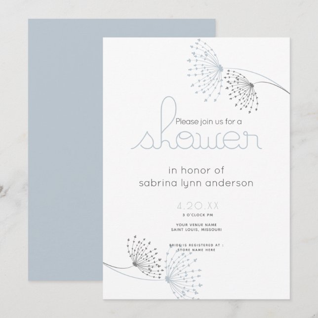 Minimalistisk Chic Dammt blå och kolgrå blommor Inbjudningar (Fram/baksida)