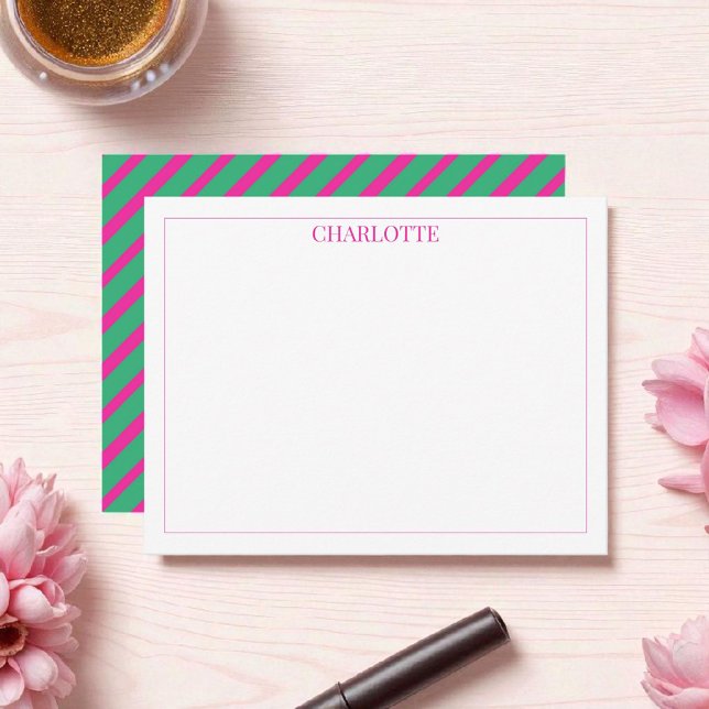Minimalistisk Chic för Rosa och Grönt Rand Classic Anteckningskort (Skapare uppladdad)