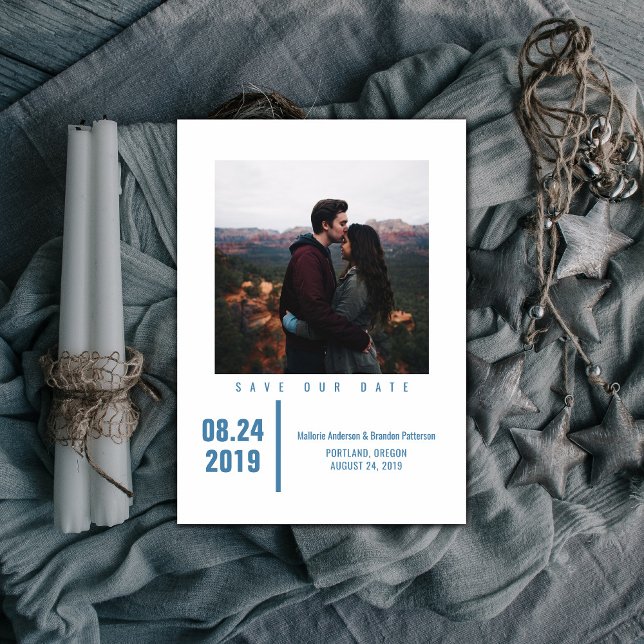 Minimalistisk Chic Foto Spara datum | Blå Spara Datumet (Blue Minimalist Chic Photo Save the Date)