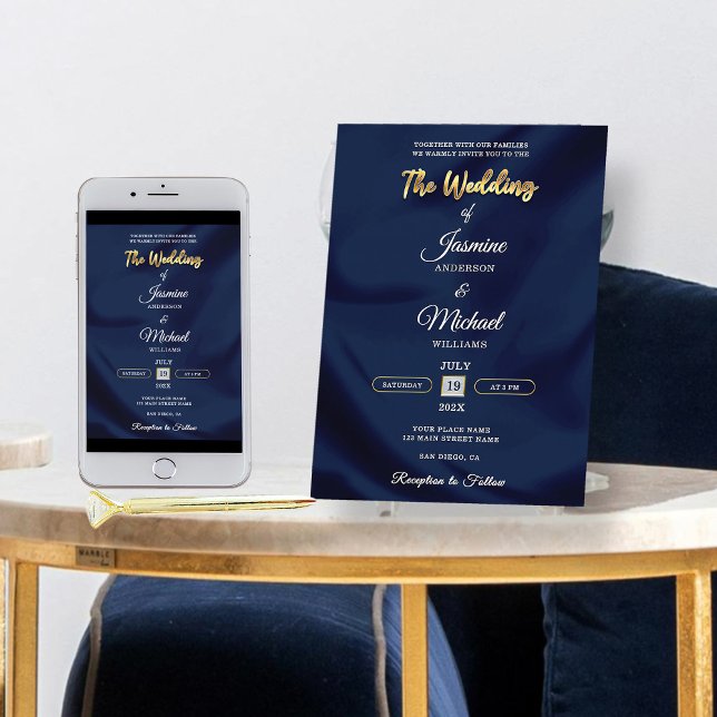 Minimalistisk Chic Navy & Guld Skrift Bröllop Eleg Inbjudningar (Skapare uppladdad)
