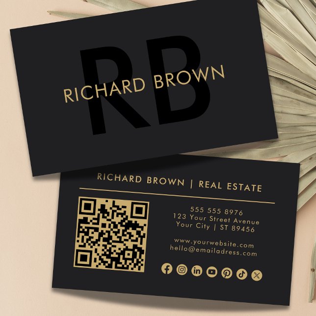 Minimalistisk Chic, svart Guld-monogram QR Visitkort (Skapare uppladdad)