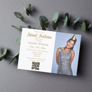 minimalistisk chic sweet sixteen qr-kod foto guld inbjudningar