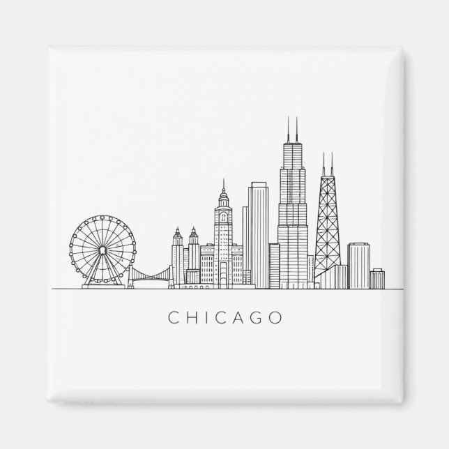 Minimalistisk Chicago Skyline Linje Konst Magnet (Framsidan)