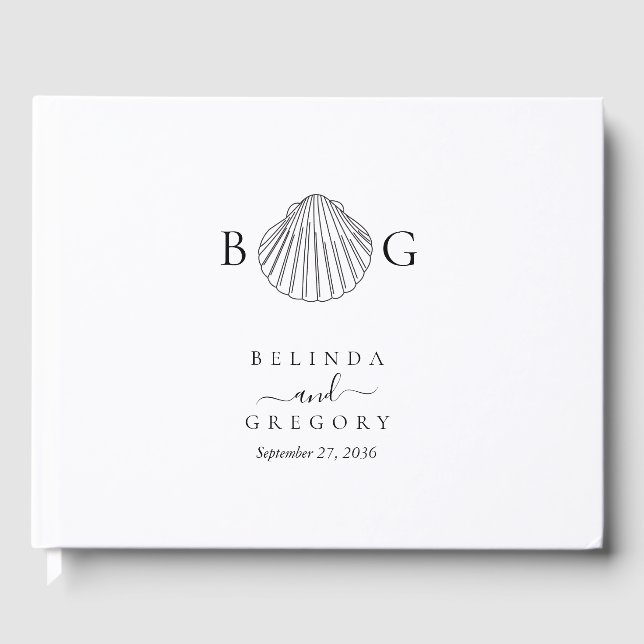 Minimalistisk Clam Seashell Monogram Bröllop Gästböcker (Framsida)