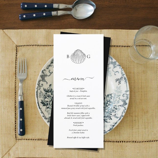 Minimalistisk Clam Seashell Monogram Bröllop Meny (Minimalist Clam Seashell Monogram Wedding Menu)