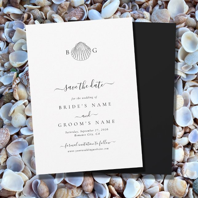 Minimalistisk Clam Seashell Monogram Bröllop Spara Datumet (Minimalist Clam Seashell Monogram Wedding Save The Date)