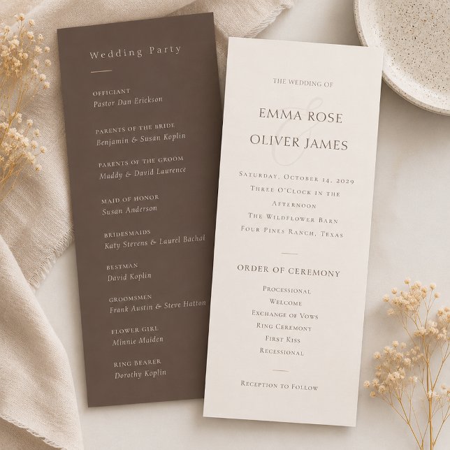 Minimalistisk Cocoa Brun Bröllopsordning  Program (Minimalist Cocoa Brown Service Order Wedding Program)