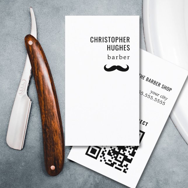 Minimalistisk Cool Svart Vitt Mustasch QR-kod Visitkort (Skapare uppladdad)