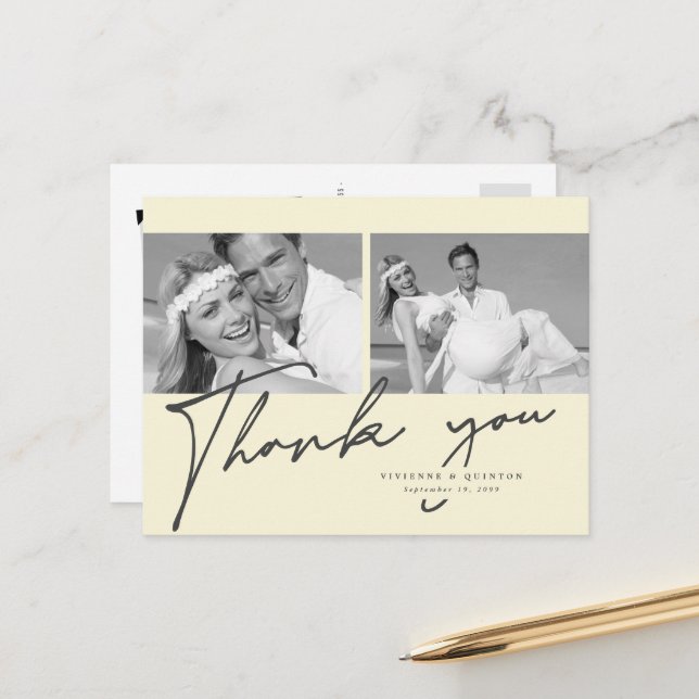 Minimalistisk Cream Ram 2 Photo Bröllop Tack Vykort (Fram/Back In Situ)