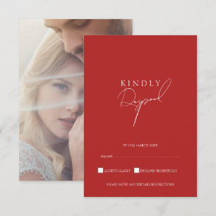 Minimalistisk Crimson Red Script Photo Bröllop OSA Kort