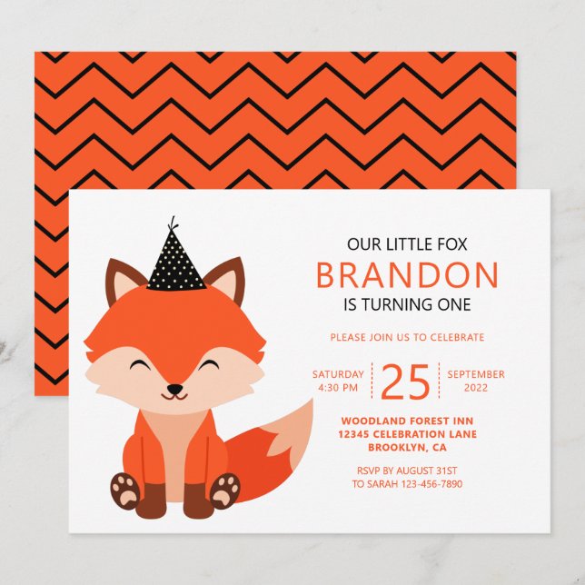 Minimalistisk Cute Little Fox Zigzag Birthday Inbjudningar (Fram/baksida)