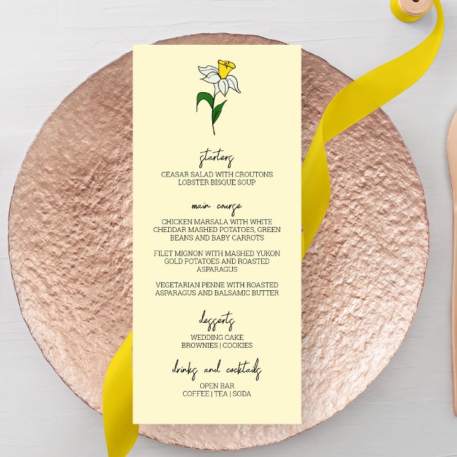 Minimalistisk Daffodil Bröllop Menu Meny (Skapare uppladdad)