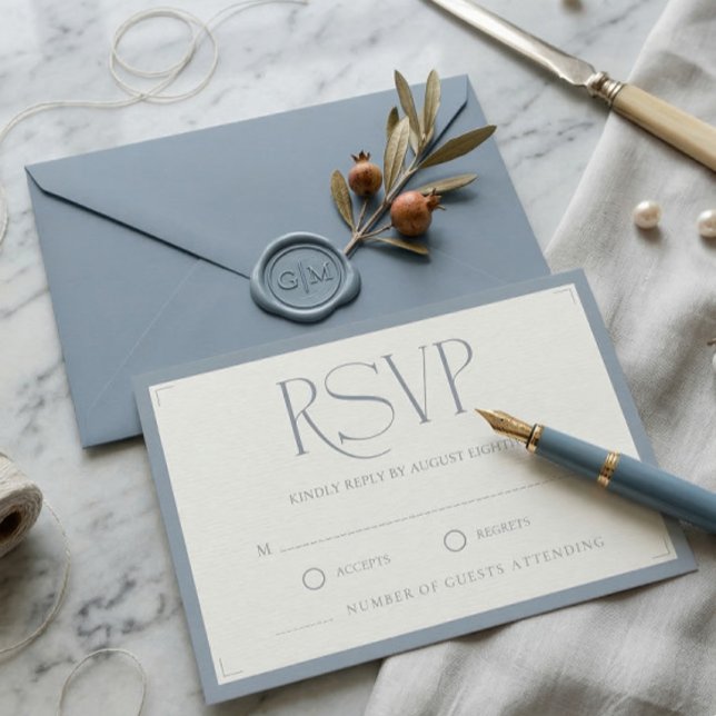 Minimalistisk Damblå Elegant Monogram Bröllop OSA Kort (Skapare uppladdad)