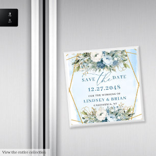 Minimalistisk dammig blå blommig guld Spara datum Magnet