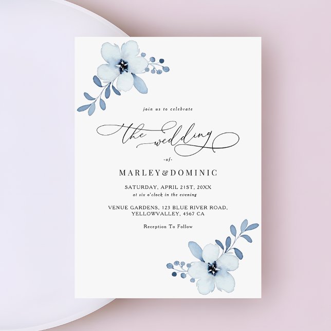 Minimalistisk dammig blå floral boho bröllop inbjudningar (Skapare uppladdad)