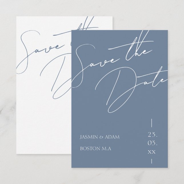 Minimalistisk dammig blå script-typografi bröllop spara datumet (Fram/baksida)