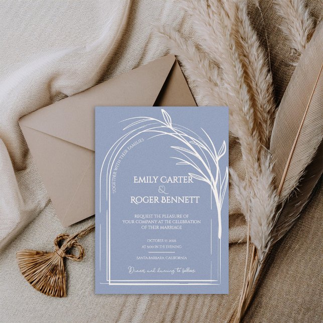 Minimalistisk dammig blå valvbåge botanisk bröllop (Dusty Blue Minimalist Arch Botanical Wedding Invitation Flat Card | Modern Elegant Wedding Invite)