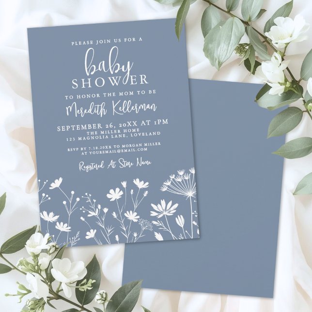 Minimalistisk dammig blå vildblomma bebisfest inbjudningar (Minimalist Dusty Blue Wildflower Baby Shower Invitation)