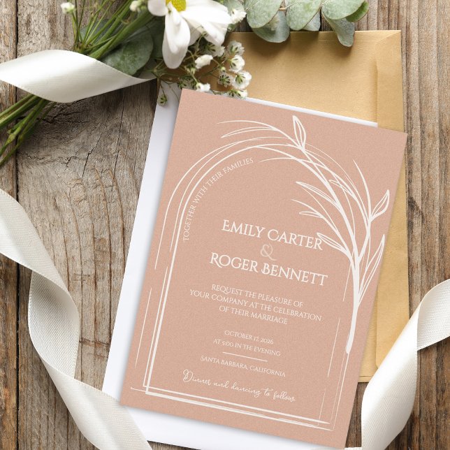 Minimalistisk dammig ros botanisk bröllopsinbjudan (Dusty Rose Minimalist Arch Botanical Wedding Invitation Flat Card | Romantic Elegant Wedding Invite)