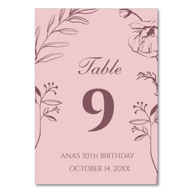 Minimalistisk dammig rosa blommig 30-årsdag bordsnummer (Framsidan)
