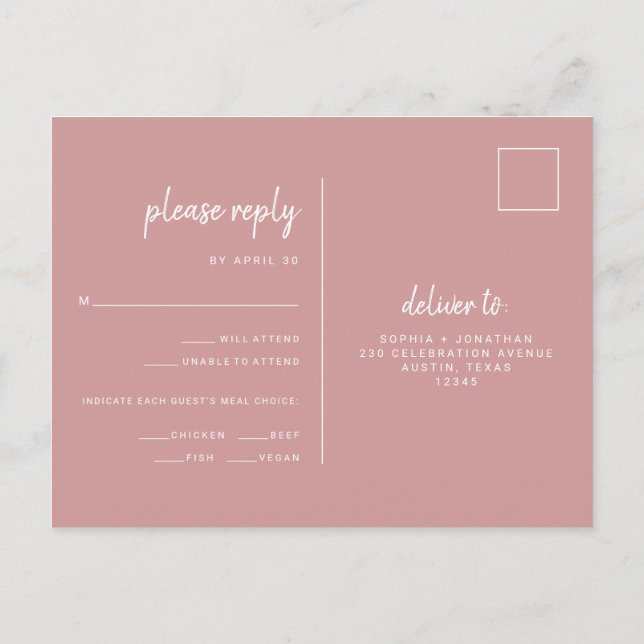 Minimalistisk dammig rosa bröllop | Måltidval RSVP Vykort (Baksida)