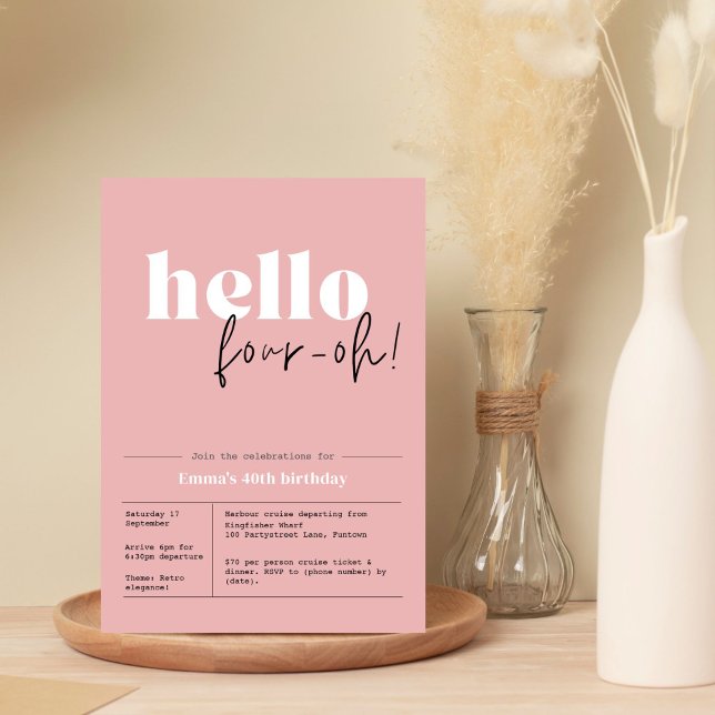 Minimalistisk dammig rosa "hej, fyraåh!" 40:e dage inbjudningar (Skapare uppladdad)