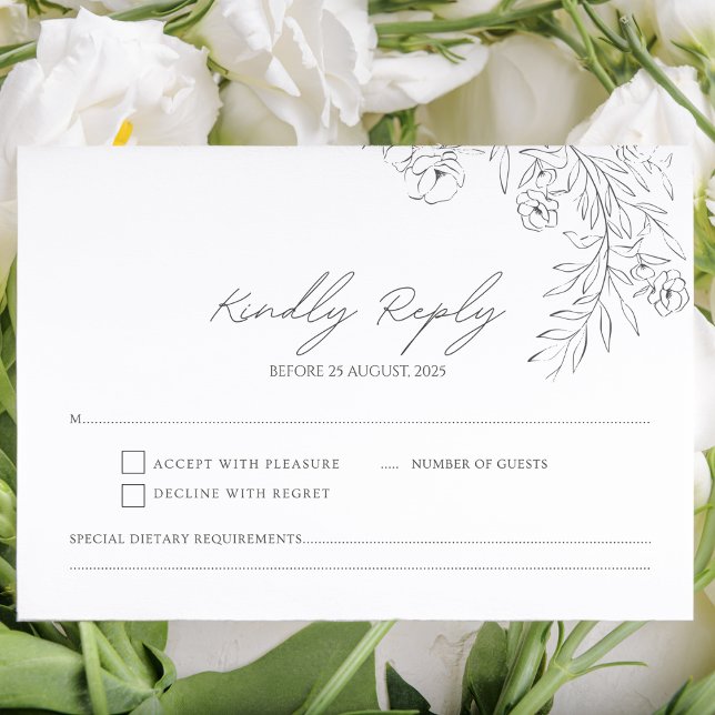 Minimalistisk, delikat, svart och vit Blommigt OSA Kort (Skapare uppladdad)